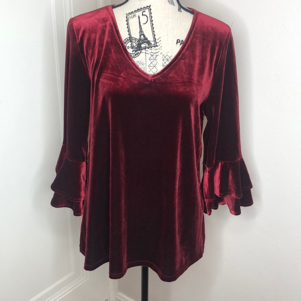 Red Velvet 3/4 Sleeve Top V-Neck
